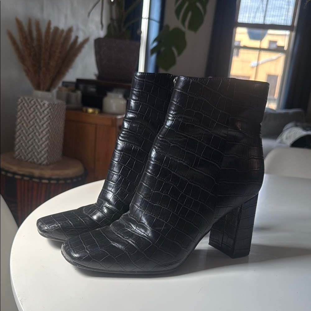 Marc Fisher Black Croc-Embossed Leather Ankle Boots